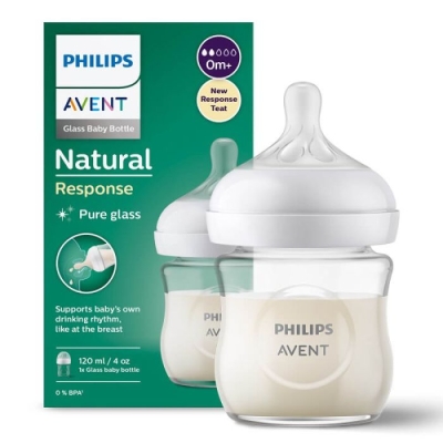 Avent-Стъклено шише за хранене Natural Response 120 мл с биберон без протичане Natural Response Поток 2, 0м+