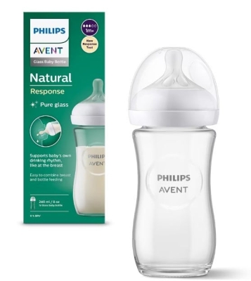 Стъклено шише за хранене Natural Response 240 мл с биберон без протичане Natural Response Поток 3, 1м+