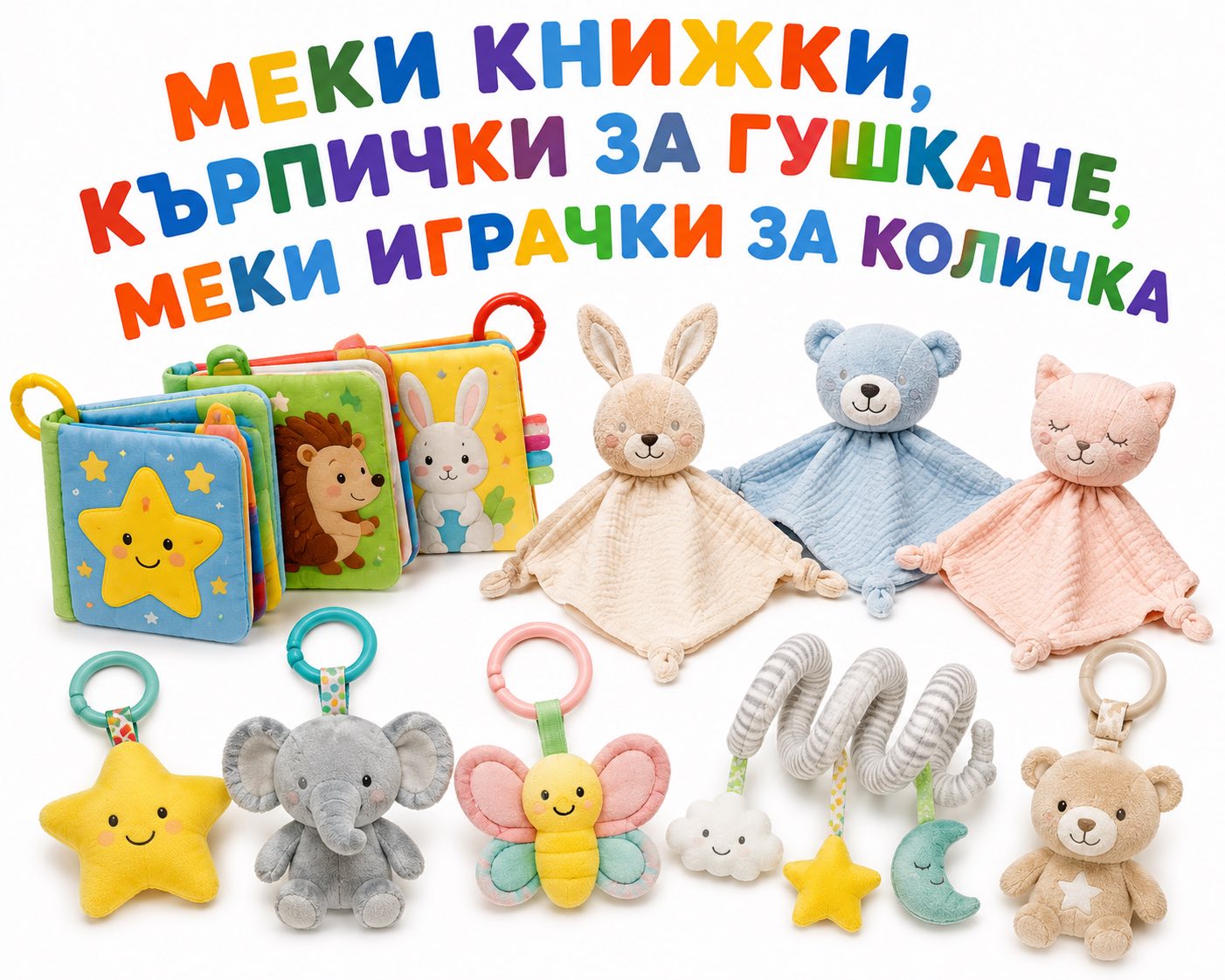 Меки книжки, кърпички за гушкане, меки играчки за количка
