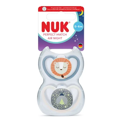 NUK Perfect Match биберон залъгалка, силикон 0-6мес. 2бр., AIR Night, Лъв