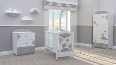 BAMBINO CASA Комплект 3ч. бебешко легло + скрин и гардероб с пуш механизми Tre Orsetti  grigio
