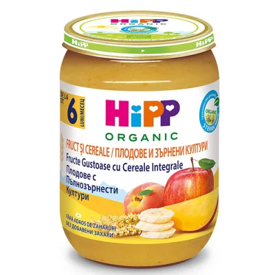 HiPP БИО Пълнозърнеста каша - ябълки и банани с бебешки бисквити 4м. 190г