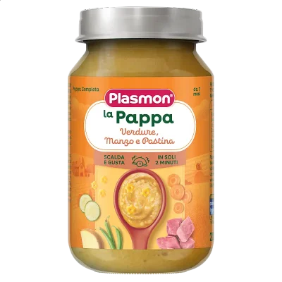 PLASMON Пюре Зеленчуци, бебешка паста и говеждо месо 7м. 200г