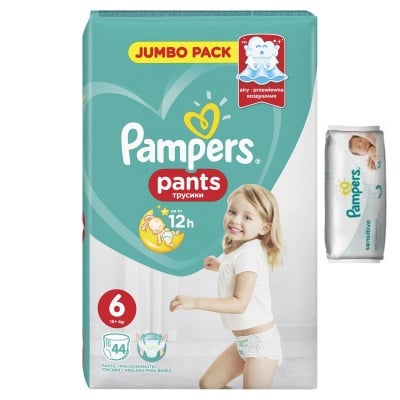Еднократни гащички Pampers6 Extra large 15кг+ 44бр+мокри кърпи