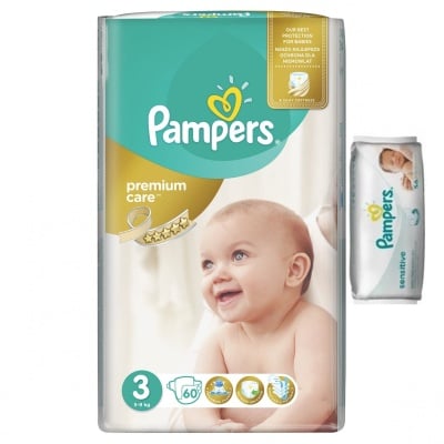 Pampers Premium care3  5-9кг 60бр+ мокри кърпи