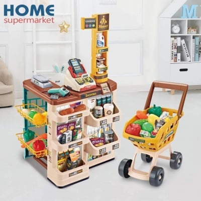 Детски супермаркет с артикули и количка за пазаруване