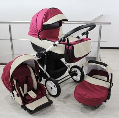 Gusio-Бебешка количка 3в1 Polly цвят:бордо лен с шампанско кожа