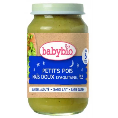 Babybio Био зеленчуково пюре с грах, сладка царевица и ориз 6м. 200г
