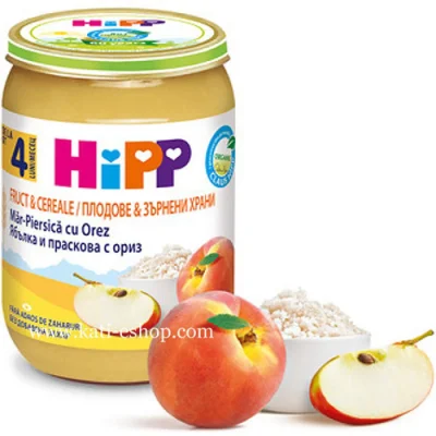 HiPP БИО Ябълка и праскова с ориз 4м. 190г