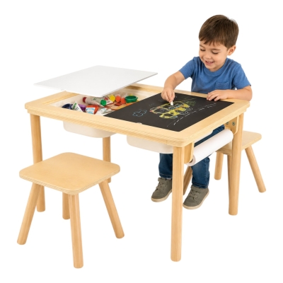 Детска Дървена Масичка за Активна Игра с 2 Столчета GINGER HOME 5 в 1, Дъска за Рисуване, Ролка Хартия и Кутии за Съхранение, 73 × 50 × 53,6 см