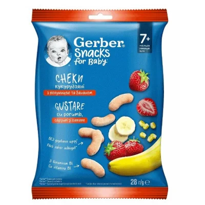 Gerber Царевичен снaкс с ягода и банан7м. 28г