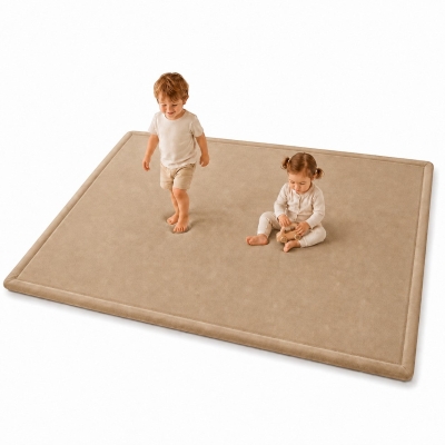 Детски Мемори Килим GINGER HOME LOLLA, 150x200 см, 3,5 см Дебелина, Кадифено Мек Водоустойчив Горен Слой, Мемори Пяна, Противохлъзгаща Основа, Бежов