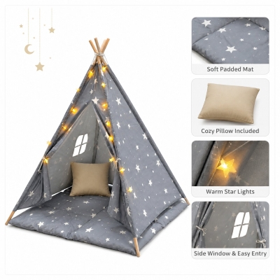 Детска Памучна Палатка GINGER HOME Little Stars, Типи, Сива със Звезди, 100% Памук, с Мека Подложка с Пълнеж, Възглавница и LED Лампички, 120x120x160 см