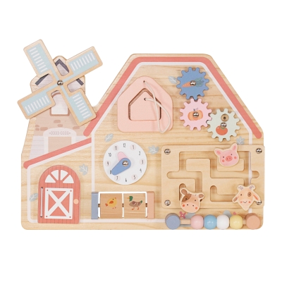 Дървена Монтесори Активна Дъска GINGER HOME, Ферма с Мелница, Лабиринт, Часовник и Зъбни Колела, 33x24x5 см