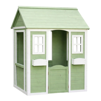 Детска Дървена Къщичка за Игра на Открито GINGER HOME – Градинска Къща за Деца, Зелено и Бяло, 107×90×144 см