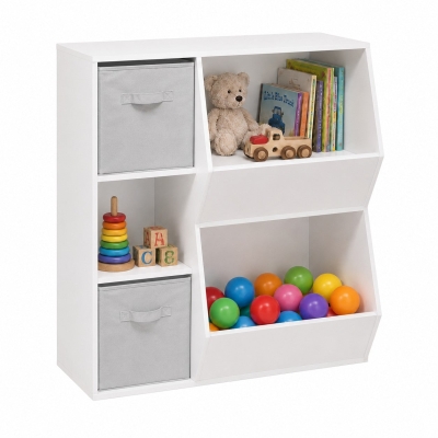 Детска Етажерка GINGER HOME, Органайзер за Книги и Играчки с 2 Текстилни Кутии, Бяла, 76.5×35×93 см