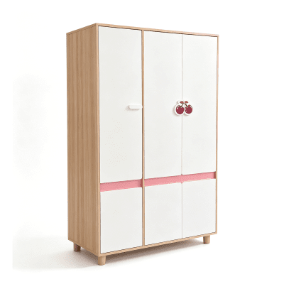 Детски Трикрилен Гардероб GINGER HOME CHERRY, с Рафтове, Лост за Закачалки и 6 Врати, Бяло, Розово и Натурално Дърво, 120х60х180 см