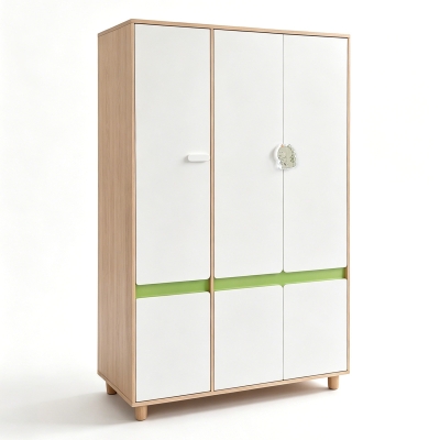 Детски Трикрилен Гардероб GINGER HOME DINO, с Рафтове, Лост за Закачалки и 6 Врати, Бяло, Зелено и Натурално Дърво, 120х60х180 см