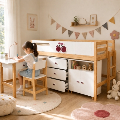 Детско Комбинирано Легло GINGER HOME CHERRY с Бюро, Скрин, Шкаф и Подматрачна Рамка, 90x200 см