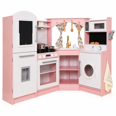 Голяма Детска Дървена Кухня GINGER HOME, Ъглова с Мивка с Течаща Вода, Звук и Светлина, Хладилник, Микровълнова, Пералня, Прозорец, Завеси и Аксесоари, 134x80x99 см