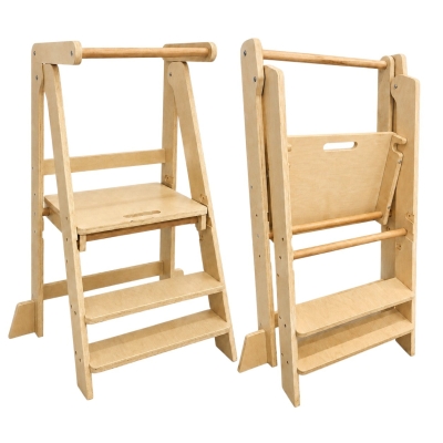 Монтесори Кула за Деца GINGER HOME, Сгъваемо Помощно Столче за Кухня, Learning Tower, Безопасна Детска Стълба, Масивно Натурално Дърво, 51x37x92 см
