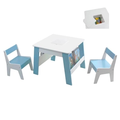 Детска дървена маса с 2 столчета бяло/синьо 