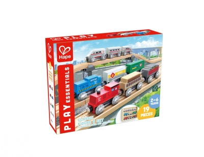 Детски игрален комплект, Hape, Етажерка с дървени влакчета, 19 части