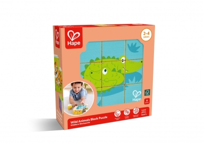 Дървен пъзел с кубчета, Hape, Диви животни, 9 части
