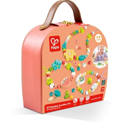 Дървен комплект Направи си сам, Hape, Бижута с мъниста, 130 части