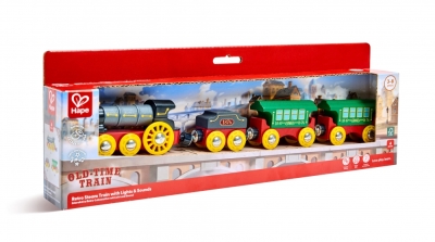 Дървен Ретро комплект парен влак, Hape, със светлини и звуци, 4 части