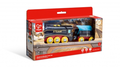 Дървен комплект Влак, Hape, с пара и светлина, 4 части