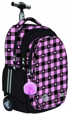 Ученическа раница с колелца, St.Right, Розови сърца, 44 x 32 x 25 см