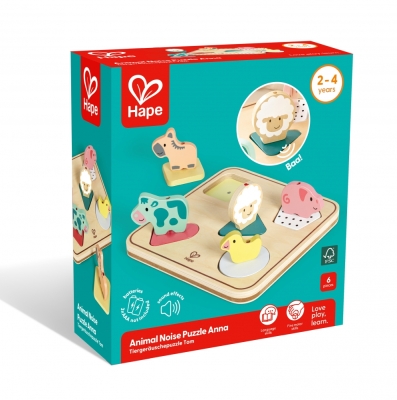 Дървен звуков пъзел, Hape, Животни, 6 части