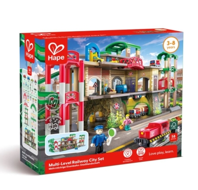 Железопътен комплект, Hape, Многоетажен градски ЖП комплект, 58 части