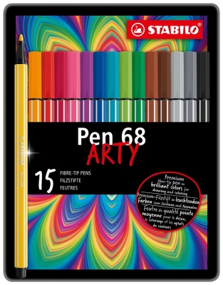 Комплект флумастери, Stabilo, Pen 68 Arty, метална кутия, 15 цвята