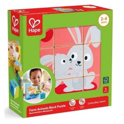 Дървен пъзел с кубчета, Hape, Ферма, 9 части