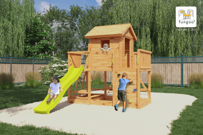 Fungoo 08950T MARS TEAK детска площадка с къща, пързалка и 2 люлки