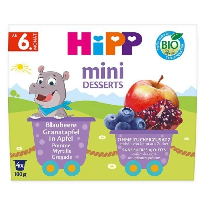 Hipp Био мини десерт боровинки, нар, ябълка, 6м. 4х100г