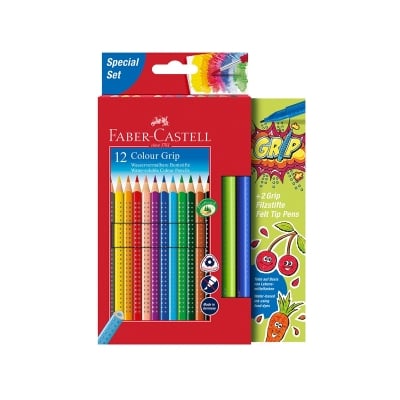 Faber-Castell Акварелни моливи Grip 2001, 12 цвята, в комплект с 2 флумастера Grip