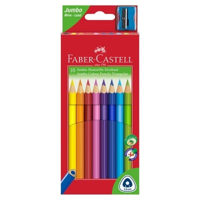 Faber-Castell Цветни моливи Triangular Jumbo, 10 цвята, с включена острилка