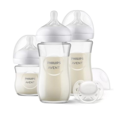 Подаръчен комплект за бебе AVENT с 3 стъклени шишета за хранене Natural Response с биберони без протичане и залъгалка