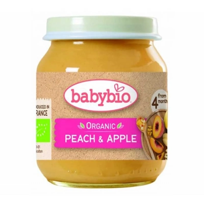 Babybio Био плодово пюре с праскови и ябълки 4м. 130г