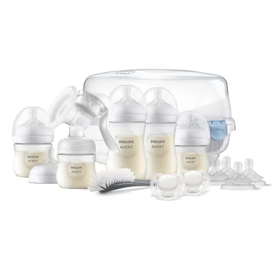 Комплект за кърмене Philips Avent SCD430/50 с ръчна помпа за кърма Natural Motion, стерилизатор за микровълнова, шишета Natural Response 2 бр. от 125мл и 2 броя от 260мл, 2 бр. залъгалки 0-6м, 4 биберона Natural Response, четка