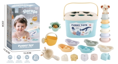 Бебешки комплект за баня и низане 21-в-1 Funny Toys с кутия-сортировач, чашки и лейка