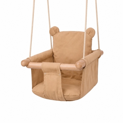 Детска Дървена Люлка Мече GINGER HOME – Мека Памучна Седалка, до 30 кг, 28×28×196 см