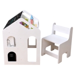 Детско Бюро Къщичка GINGER HOME със Столче, Етажерка и Черна Дъска, Монтесори Маса за Рисуване и Учене, Бяло, Масивно Дърво и МДФ, 55 × 51 × 69 см
