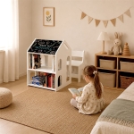 Детско Бюро Къщичка GINGER HOME със Столче, Етажерка и Черна Дъска, Монтесори Маса за Рисуване и Учене, Бяло, Масивно Дърво и МДФ, 55 × 51 × 69 см
