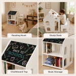 Детско Бюро Къщичка GINGER HOME със Столче, Етажерка и Черна Дъска, Монтесори Маса за Рисуване и Учене, Бяло, Масивно Дърво и МДФ, 55 × 51 × 69 см