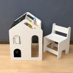 Детско Бюро Къщичка GINGER HOME със Столче, Етажерка и Черна Дъска, Монтесори Маса за Рисуване и Учене, Бяло, Масивно Дърво и МДФ, 55 × 51 × 69 см