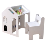 Детско Бюро Къщичка GINGER HOME със Столче, Етажерка и Черна Дъска, Монтесори Маса за Рисуване и Учене, Бяло, Масивно Дърво и MDF, 55x51x69 см
